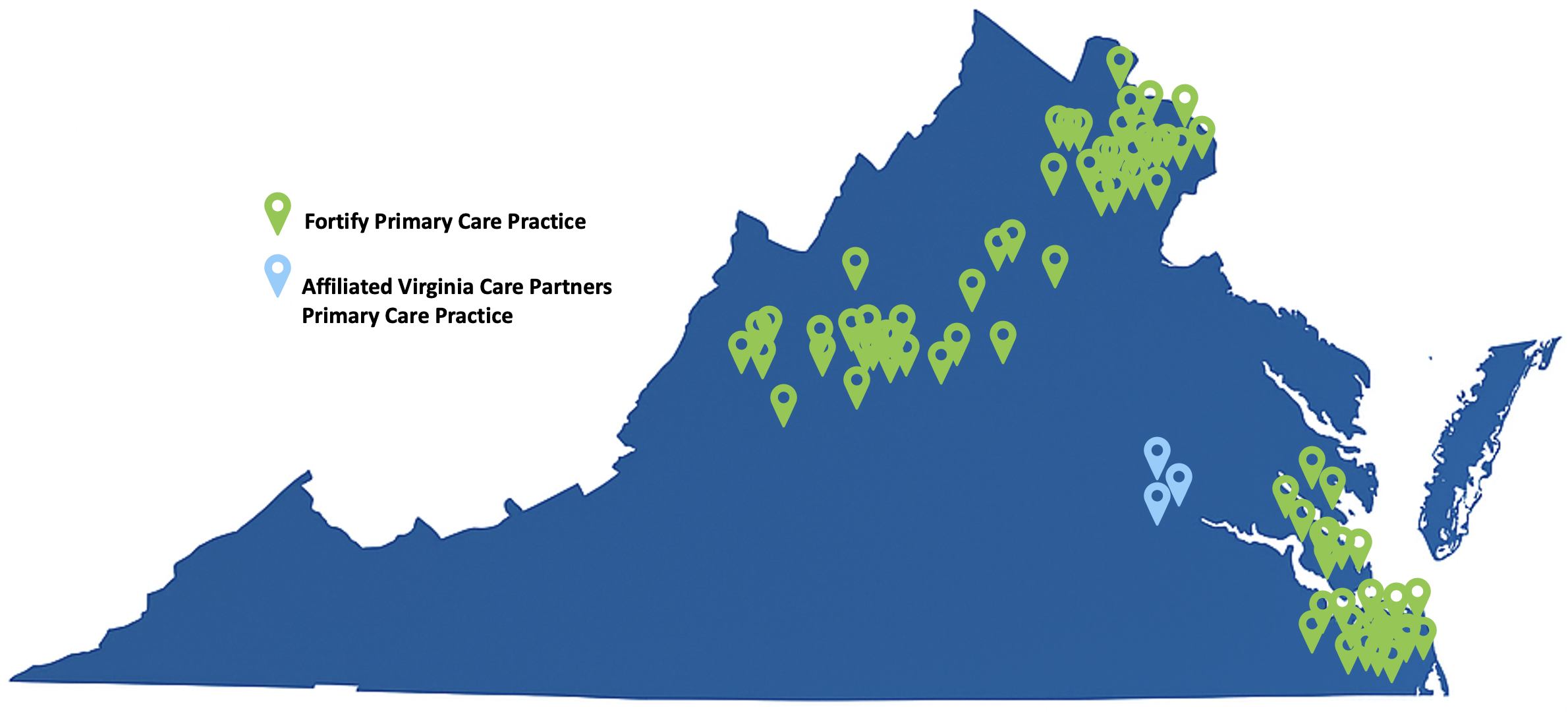 A map of Virginia showing the hundreds of Fortify Children's Health member practices.